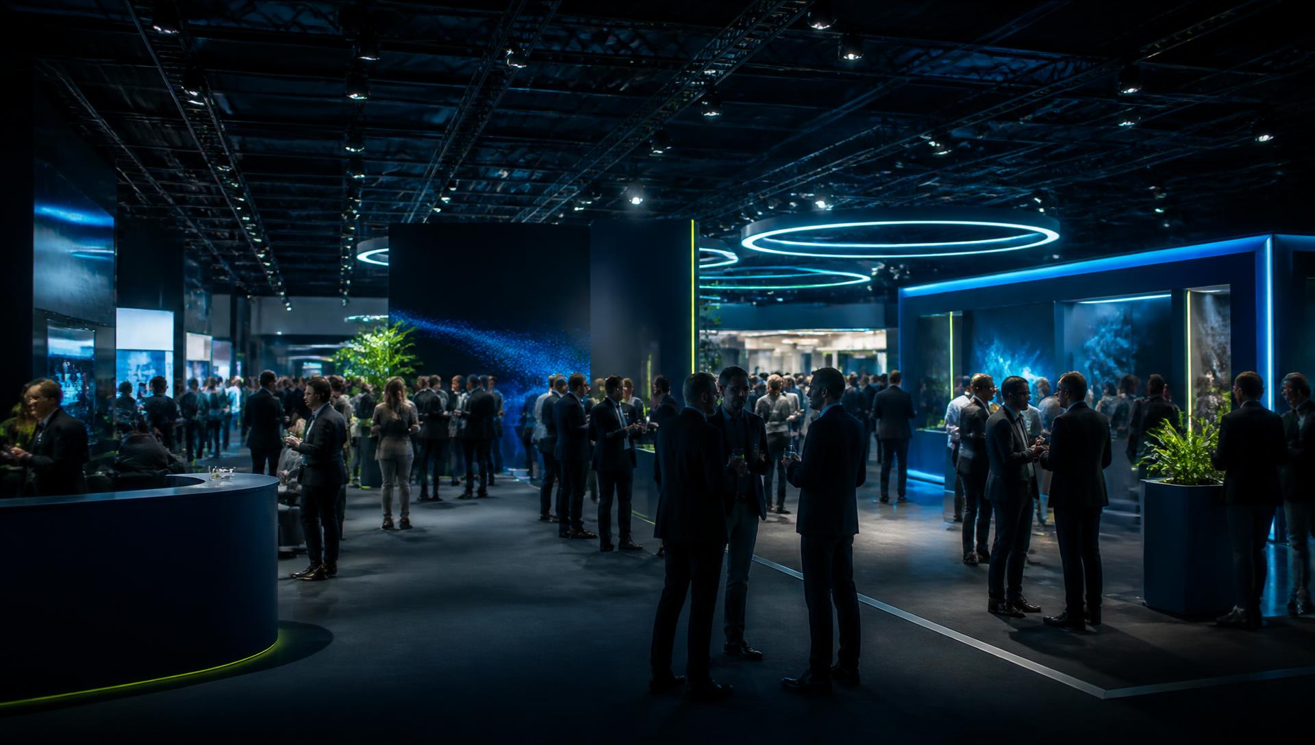 Feira de e-commerce com estandes e profissionais em networking